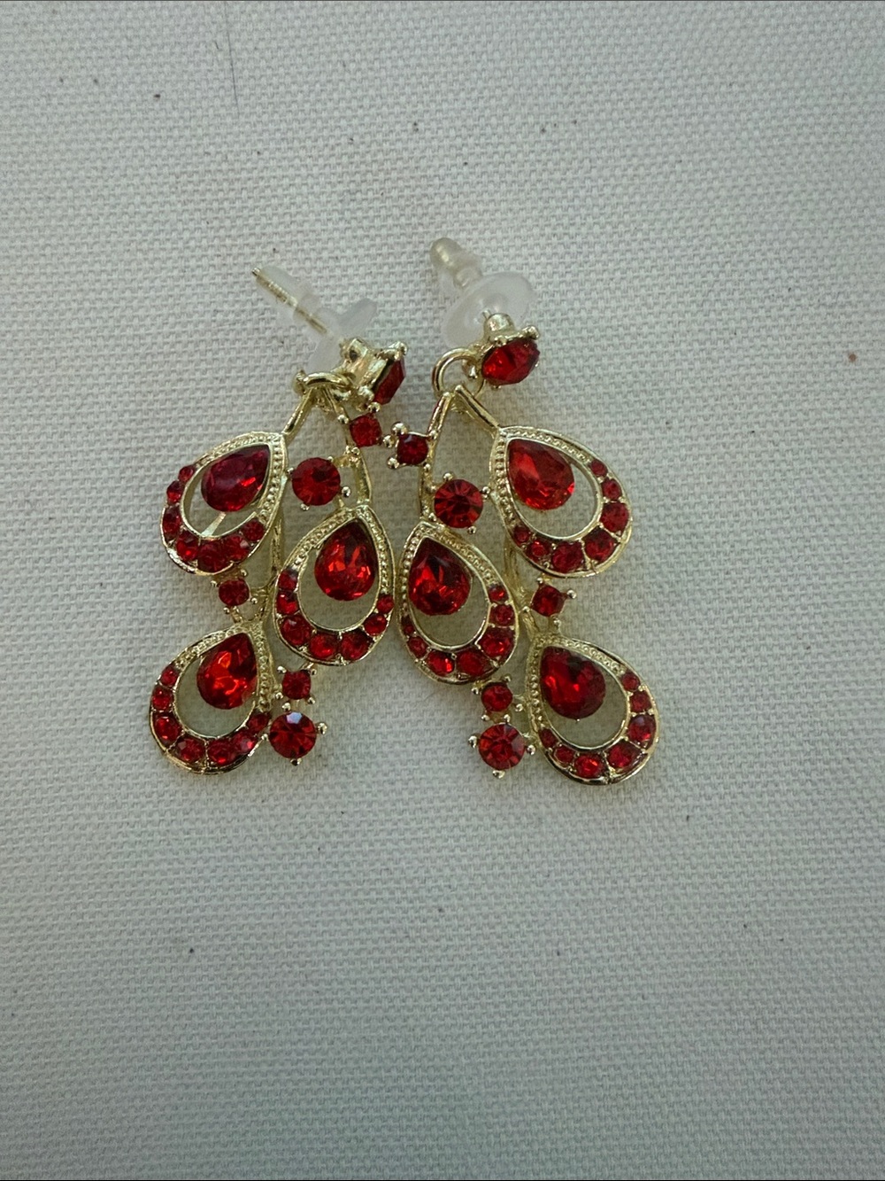 Gold-Tone Red Teardrop Crystal Dangle Earrings